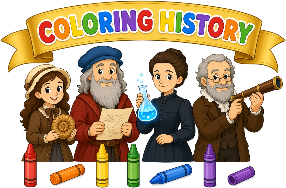 The Coloring History cast: Mary Anning with a fossil, Leonardo da Vinci with a drawing, Marie Curie with a glowing flask, and Galileo with a telescope